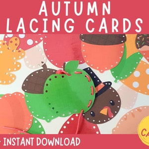 Tarjetas de cordones imprimibles de otoño, actividad de habilidades motoras finas para niños pequeños, juguete de atado Montessori, actividad de aprendizaje de otoño, centros preescolares