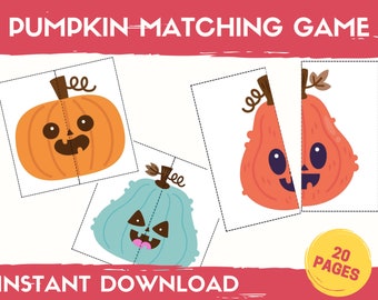 May include: A printable pumpkin matching game with 20 pages. The game features three different pumpkins with different facial expressions. The pumpkins are split in half and need to be matched together.