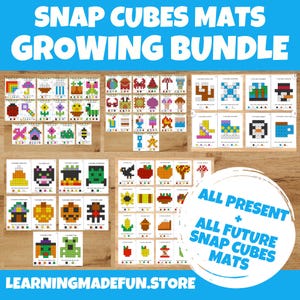 Könnte beinhalten: Eine Sammlung farbenfroher Snap Cubes Mats mit verschiedenen pixeligen Designs, darunter Tiere, Lebensmittel und geometrische Formen. Die Matten sind auf einer Holzoberfläche angeordnet, mit dem Text "SNAP CUBES MATS GROWING BUNDLE".