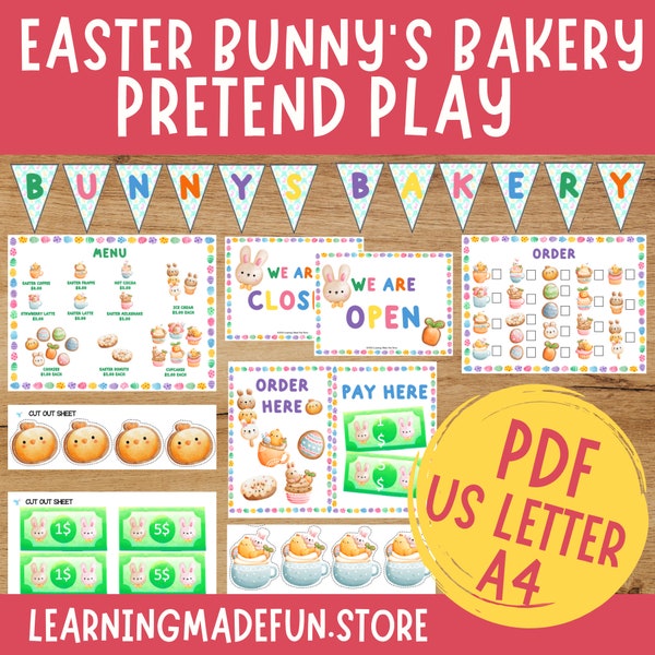 Easter Bunny's Bakery Pretend Play Kit, Bakery Dramatic Play, Preschool Centers, Printable, Role Play Set, Kindergarten, Learning Activity