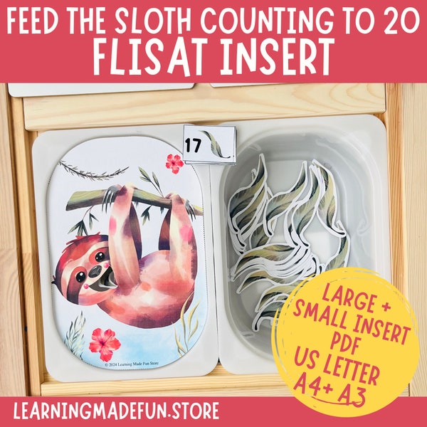 Feed the Sloth Counting to 20, Printable Flisat Insert, Trofast Insert, Preschool Pretend Play, Toddler Dramatic Play, Sensory Table