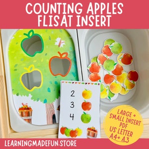 Puede incluir: Actividad de inserción Flisat « Contar manzanas » para niños. El conjunto incluye una bandeja de inserción Flisat de madera con un árbol y una cesta, un juego de tarjetas de manzanas con los números 2, 3 y 4, y un juego de recortes de manzanas. La actividad está diseñada para ayudar a los niños a aprender a contar y clasificar.