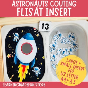 Puede incluir: Una actividad de conteo de astronautas imprimible para un inserto Flisat. La imagen muestra una nave espacial con un agujero en el lateral y 13 astronautas en un tazón blanco. El texto de la imagen dice "Astronauts Counting Flisat Insert", "Large + Small Insert PDF", "US Letter A4+ A3", y "13".
