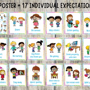 Pode incluir: Um conjunto de 18 cartazes coloridos para a sala de aula com ilustra&ccedil;&otilde;es de crian&ccedil;as e um texto que diz "1 CARTAZ + 17 EXPECTATIVAS INDIVIDUAIS". Os cartazes apresentam expectativas para os alunos como "Compartilhar", "Ser curioso", "Ajudar os outros", "Ouvir atentamente", "N&atilde;o fazer bullying", "Apoiar os outros", "N&atilde;o fazer mal", "Dizer por favor e obrigado", "N&atilde;o gritar", "Tratar os bens com cuidado", "Respeitar os professores", "Respeitar os outros", "Arrumar", "Trabalhar em sil&ecirc;ncio", "Levantar a m&atilde;o para falar", "Usar a voz interior", e "Esperar a sua vez".