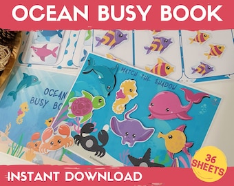 Pode incluir: Um livro de atividades de oceano imprimível com 36 folhas. O livro apresenta ilustrações coloridas de criaturas marinhas, incluindo um golfinho, um cavalo-marinho, uma tartaruga, um caranguejo e uma arraia. O livro inclui uma atividade "Match the Shadow".