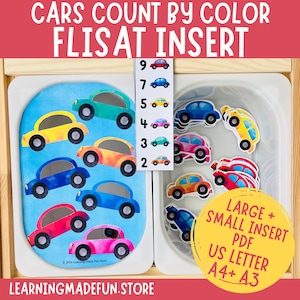May include: A printable set of car counting cards for a Montessori-style learning activity. The cards feature colorful cars and numbers 2 through 9. The text on the card reads "Cars Count by Color Flisat Insert Large + Small Insert PDF US Letter A4+ A3 LearningMadeFun.Store".