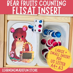 May include: A printable bear-themed counting activity for toddlers and preschoolers. The printable features a brown bear holding a basket with a space for counting fruit stickers. The printable includes a set of number cards with a visual representation of the numbers 1, 3, and 8. The printable is designed to be used with a FLISAT insert from IKEA. The printable is available in US Letter, A4, and A3 sizes.