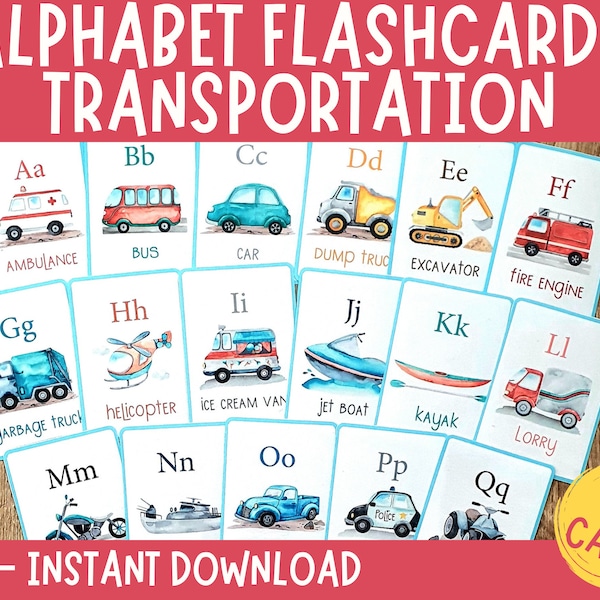 Alphabet Flashcards, Transportation Cards, Preschool Flash Cards, ABC Learning Card, Printable Flashcard, Kindergarten Homeschool Montessori