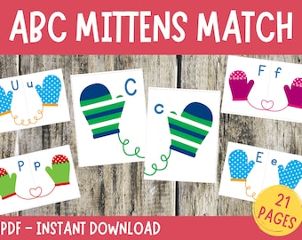Juego de emparejamiento de mitones ABC: Letras mayúsculas y minúsculas (Descarga digital)