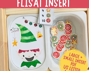 May include: A printable Christmas-themed counting activity for kids. The activity features an elf with a green hat and a red and white face. The elf is holding a star. The activity also includes a set of number cards and a set of Christmas-themed counters. The text "Feed the Elf Counting Flisat Insert" is at the top of the image. The text "Large + Small Insert PDF US Letter A4+ A3" is at the bottom of the image.