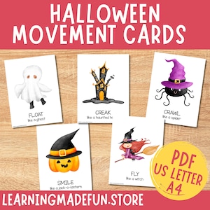 Carte di movimento di Halloween, abilità motorie generali, rotture cerebrali all'asilo e all'asilo, attività calmanti, movimento autunnale dei bambini a casa