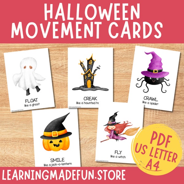 Halloween Movement Cards, Gross Motor Skills, Preschool & Kindergarten Brain Breaks, Calming Corner Activity, Kids Fall Movement Homeschool