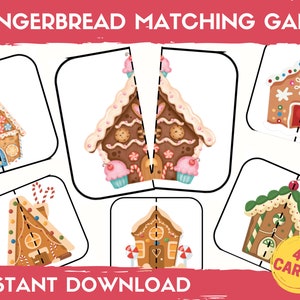 Jogo de correspondência de biscoitos de gengibre para crianças, jogos de Natal para impressão, atividade de correspondência para crianças, fichário de aprendizagem, livro de atividades para impressão para crianças