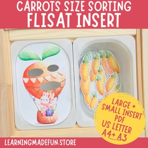 May include: A printable PDF file for a carrot size sorting activity for a FLISAT toy insert. The printable features a cartoon hot air balloon with two bunnies and carrots of different sizes. The PDF is available in A4 and A3 sizes.
