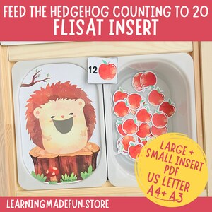 Peut inclure: Une activité d'apprentissage imprimable pour les tout-petits et les enfants d'âge préscolaire. L'image montre un hérisson avec une carte numéro 12 et un bol de pommes rouges. Le texte sur l'image indique "Feed the Hedgehog Counting to 20 Flisat Insert Large + Small Insert PDF US Letter A4+ A3".