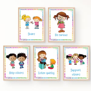 Pode incluir: Seis cartazes coloridos com ilustra&ccedil;&otilde;es de crian&ccedil;as e texto que diz "Compartilhar", "Ser curioso", "Ajudar os outros", "Ouvir atentamente", "Apoiar os outros".