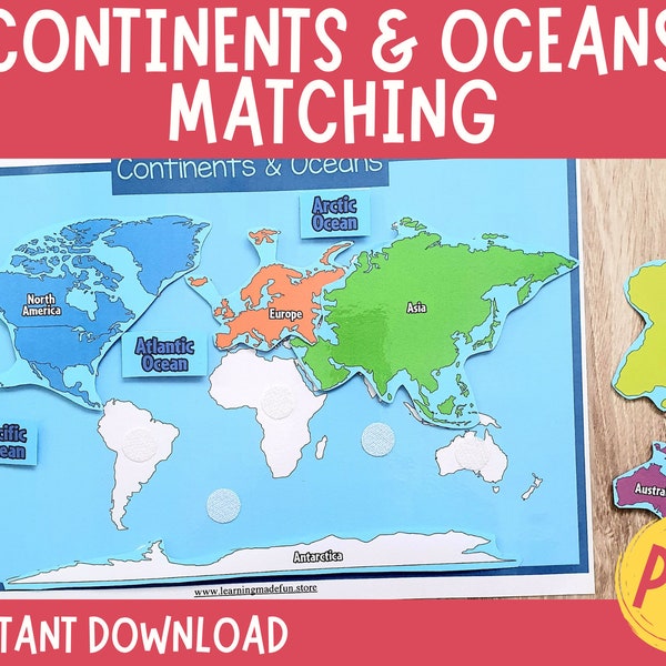 Continents Matching Activity, World Map Printable, Continents of the World, Preschool Printable, Montessori Material, Continents & Oceans