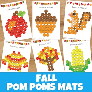 Könnte beinhalten: Sechs pädagogische Arbeitsblätter mit herbstlichen Motiven zum Platzieren von Pompons. Jedes weiße Blatt zeigt ein buntes Wimpelbanner und den Text: I can build an apple, acorn, squirrel, sweater, tree oder corn. Die Bilder bestehen aus Kreisen.