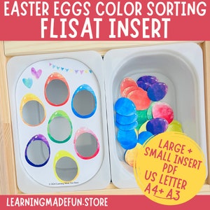 May include: A printable Easter egg color sorting activity for children. The printable includes a Flisat insert with colorful egg cutouts and a separate sheet of colorful egg shapes to sort. The printable is available in US Letter, A4, and A3 sizes.