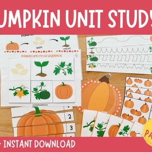 May include: Educational pumpkin-themed unit study materials. Includes a pumpkin life cycle sequence, tracing activities, number matching, and a pumpkin puzzle. The text on the image says "PUMPKIN UNIT STUDY" and "PDF - INSTANT DOWNLOAD". The image also says "18 PAGES".