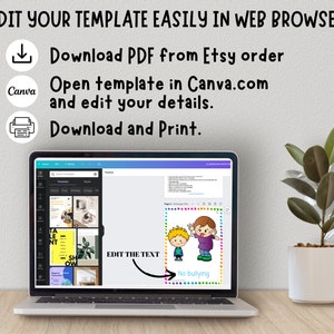 Pode incluir: Um ecr&atilde; de computador port&aacute;til que mostra um modelo de design Canva com uma ilustra&ccedil;&atilde;o colorida de duas crian&ccedil;as e o texto "No bullying". O texto "Edit the text" est&aacute; escrito no ecr&atilde; com uma seta que aponta para a ilustra&ccedil;&atilde;o. O computador port&aacute;til est&aacute; sobre uma mesa de madeira com uma planta em vaso.
