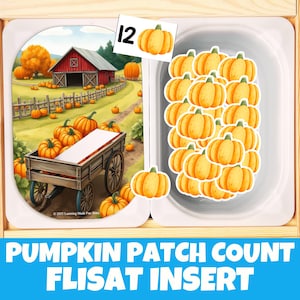 May include: A wooden tray with a pumpkin patch scene and pumpkin cutouts. The scene features a red barn, pumpkins, and a wagon. The text "PUMPKIN PATCH COUNT FLISAT INSERT" is at the bottom. There are 12 pumpkin cutouts.