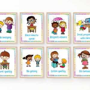 Pode incluir: Oito cartazes coloridos para a sala de aula com ilustra&ccedil;&otilde;es de crian&ccedil;as e texto que diz: N&atilde;o ao bullying, Levante a m&atilde;o para falar, Respeite os outros, Trate os bens com cuidado, Trabalhe em sil&ecirc;ncio, N&atilde;o grite, Ou&ccedil;a em sil&ecirc;ncio, Seja curioso.