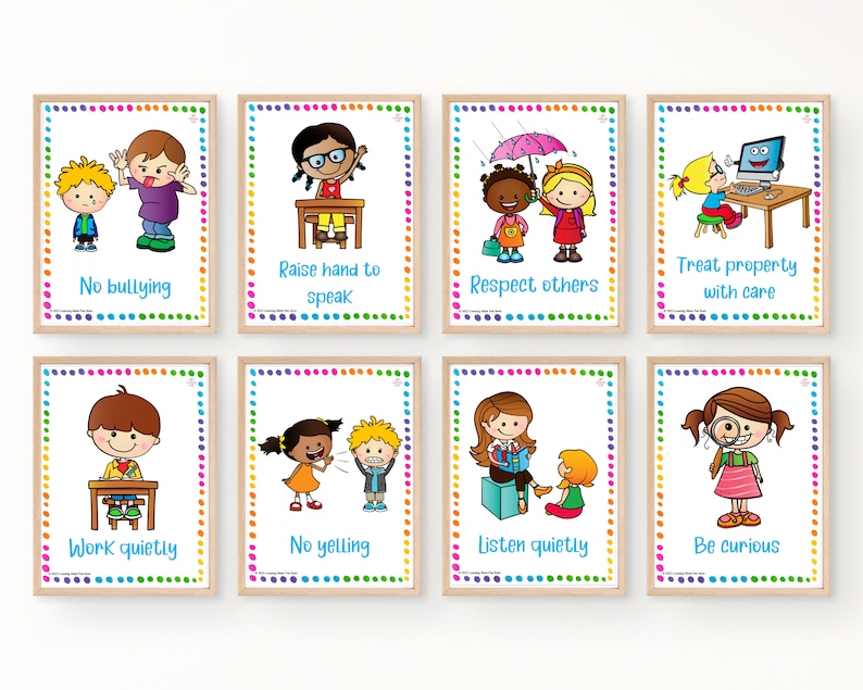 Pode incluir: Oito cartazes coloridos para a sala de aula com ilustra&ccedil;&otilde;es de crian&ccedil;as e texto que diz: N&atilde;o ao bullying, Levante a m&atilde;o para falar, Respeite os outros, Trate os bens com cuidado, Trabalhe em sil&ecirc;ncio, N&atilde;o grite, Ou&ccedil;a em sil&ecirc;ncio, Seja curioso.