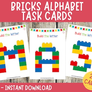 Tarjetas de actividades con bloques del alfabeto, tarjetas de construcción con el abecedario, actividades de motricidad fina para niños pequeños, centros de alfabetización preescolar, plan de estudios con la letra de la semana