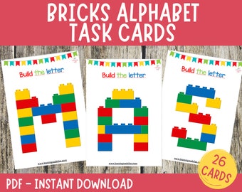 Alphabet Brick Task Cards, ABC Building Cards, Fine Motor Activities for Toddlers, Preschool Literacy Centers, Letter of the Week Curriculum