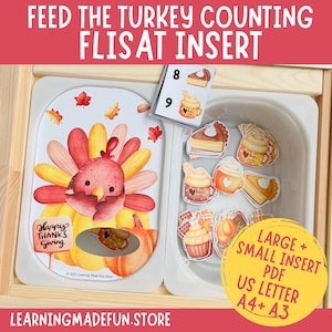 May include: A Thanksgiving-themed counting activity for toddlers and preschoolers. The activity features a turkey cutout with a hole in the middle and a variety of fall-themed food items, such as pumpkin pie, cupcakes, and coffee cups. The activity is designed to help children learn to count and identify different food items. The text on the image reads "Feed the Turkey Counting Flisat Insert, Happy Thanks Giving, Large + Small Insert PDF, US Letter A4+ A3, LearningMadeFun.Store."