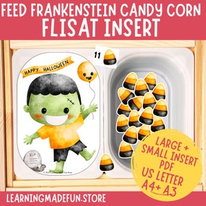 Peut inclure: Une activité imprimable sur le thème d'Halloween pour les enfants avec un monstre de Frankenstein tenant un ballon qui dit "Joyeux Halloween". L'activité comprend un plateau en bois avec un bol blanc rempli de maïs sucré et une carte de nombre qui dit "11". Le texte "Feed Frankenstein Candy Corn Flisat Insert" est en haut de l'image. Le texte "Large + Small Insert PDF US Letter A4+ A3" est en bas de l'image.