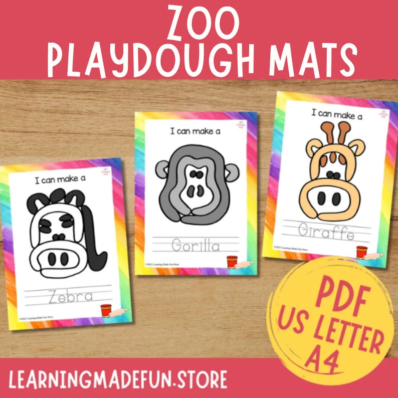 Zoo Animals Play Dough Mats: Montessori Visual Cards (digital Download ...