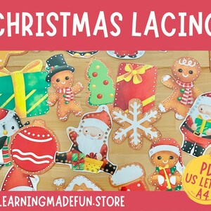 Cartões de laço para impressão de Natal, atividade de habilidade motora fina para crianças, brinquedo de amarrar Montessori, atividade de aprendizagem de Natal, centros pré-escolares