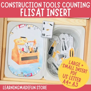 May include: A wooden construction-themed counting insert for a FLISAT table. The insert features illustrations of tools, a toolbox, and numbers. The text "CONSTRUCTION TOOLS COUNTING FLISAT INSERT" is at the top. The insert includes a yellow circle with the text "LARGE + SMALL INSERT PDF US LETTER A4+ A3".