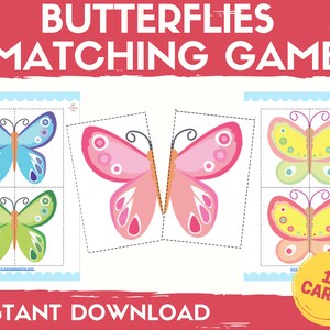 Könnte beinhalten: Ein druckbares Memory-Spiel mit 18 Karten mit bunten Schmetterlings-Illustrationen. Das Spiel ist so konzipiert, dass Kinder lernen, Bildpaare zu finden. Der Text "Butterflies Matching Game" und "Instant Download" ist auf der Seite sichtbar.