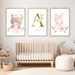 Custom Name Woodland Nursery Prints – Set of 3 Wall Art, Gold Initial, Forest Animal Baby Room Decor, Personalized Printable