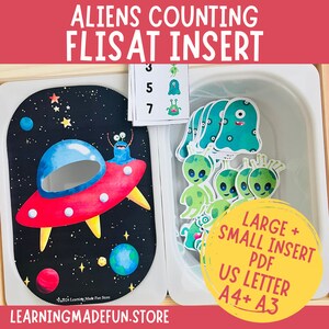 May include: A printable set of aliens counting activity for a FLISAT insert. The set includes a spaceship with a window, a number card with numbers 3, 5, and 7, and aliens in green and blue. The text on the image reads "ALIENS COUNTING FLISAT INSERT LARGE + SMALL INSERT PDF US LETTER A4+ A3".