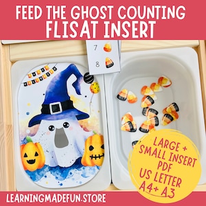 Peut inclure: Une activité de comptage sur le thème d'Halloween imprimable pour les enfants. L'activité présente un fantôme tenant deux citrouilles et un bol de maïs sucré. L'imprimable comprend les chiffres 7 et 8, ainsi que le texte "Feed the Ghost Counting Flisat Insert, Large + Small Insert PDF, US Letter A4+ A3".