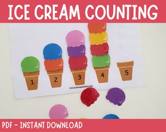 May include: A printable ice cream counting activity for kids. The worksheet features five ice cream cones with different numbers of scoops, from one to five. The worksheet also includes loose ice cream scoops to match the cones.