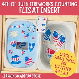 May include: A 4th of July themed counting activity for a FLISAT insert. The activity includes a blue and white oval insert with red, white, and blue fireworks, stars, and hearts. The insert has a window for placing the fireworks. There are 8 red, white, and blue fireworks in a white plastic container. The numbers 4, 3, and 8 are on a white card.