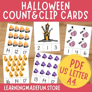 Halloween Count Clip Cards, Numbers 1-20 Count Activity, Montessori Learning, Preschool Math Center, Counting Activity Cards, Learn to count