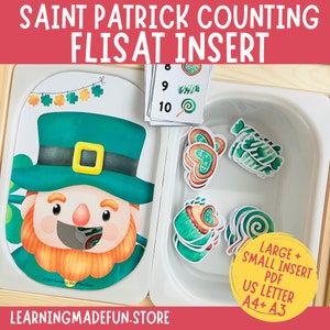May include: Saint Patrick's Day counting activity for a Flisat insert. The activity includes a leprechaun face with a hole for counting, number cards, and various green and gold themed items to count.