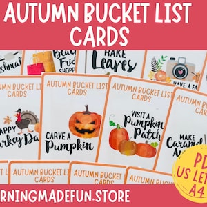 May include: A set of printable autumn bucket list cards featuring watercolor illustrations of pumpkins, turkeys, leaves, and other fall-themed imagery. The cards are designed to be printed on US Letter or A4 paper.