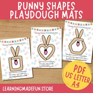 Op de afbeelding: Drie printbare playdough-matten met konijnenvormen die een vierkant, een hart en een zeshoek vormen. Elke mat heeft een gestippelde achtergrond en de naam van de vorm staat onder de konijn.