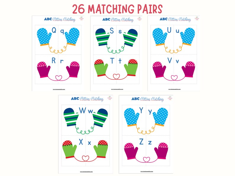 Puede incluir: Un juego de asociaci&oacute;n de alfabeto imprimible con 26 pares de guantes con letras. Los guantes son de varios colores, incluyendo rojo, azul, verde y blanco. Las letras est&aacute;n en may&uacute;sculas y min&uacute;sculas.