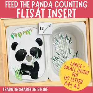 May include: A printable panda counting activity for a FLISAT insert. The image shows a panda holding a stick of bamboo, a number card with the number 13, and a bowl with 13 bamboo sticks. The text "LARGE + SMALL INSERT PDF US LETTER A4+ A3" is also included.