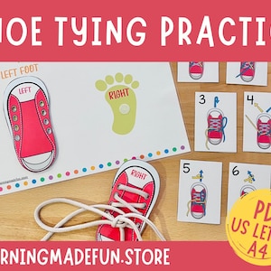 Schoenbindoefening voor kinderen, fijne motoriek, preschool printables, Montessori, strik je schoenen, levensvaardigheden, schoenvetervolgordekaarten