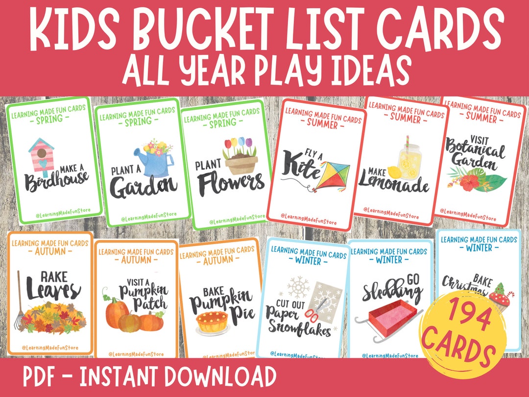 Kids Bucket List Activity Cards Spring Summer Autumn Winter