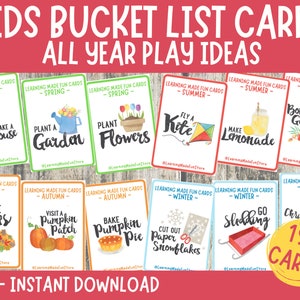 Kinder Bucket List Aktivitätskarten, Frühling Sommer Herbst Winter Bucket List, Familienspielideen für Kinder, Lernaktivität zu Hause zum Ausdrucken